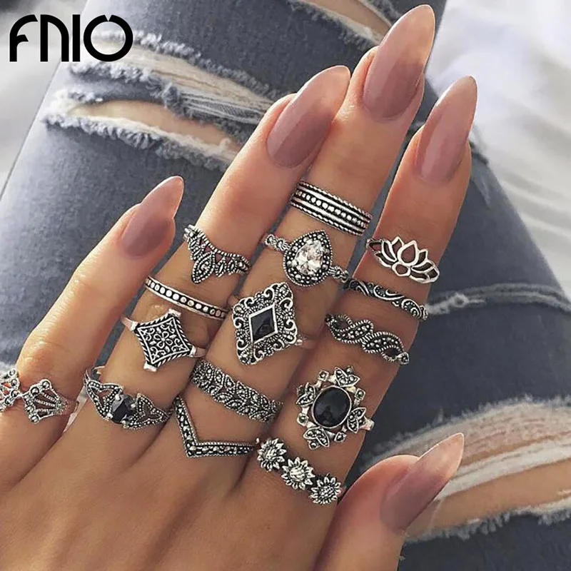 

FNIO Bohemian 15pcs/Set Black Stone Lotus Style Rings Set Vintage Geometric Antique Knuckle Rings For Women Jewelry Gift