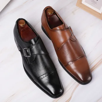 

39~47 Large Size Brown Monk Strap Loafer Brogue Dress Shoes Men Italian Pointed Toe Slip On Formal Wedding Suit Leather Shoes