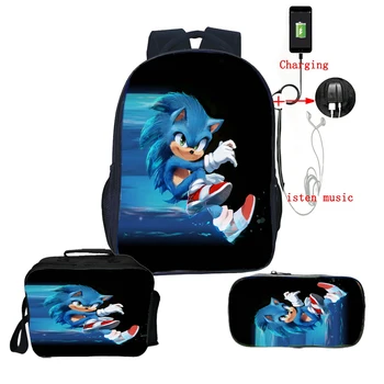 

New Students Sonic Backpack Boys Girls Cartoon Schoolbags Teens Bookbag Back to School Gift 3pcs Set/backpack