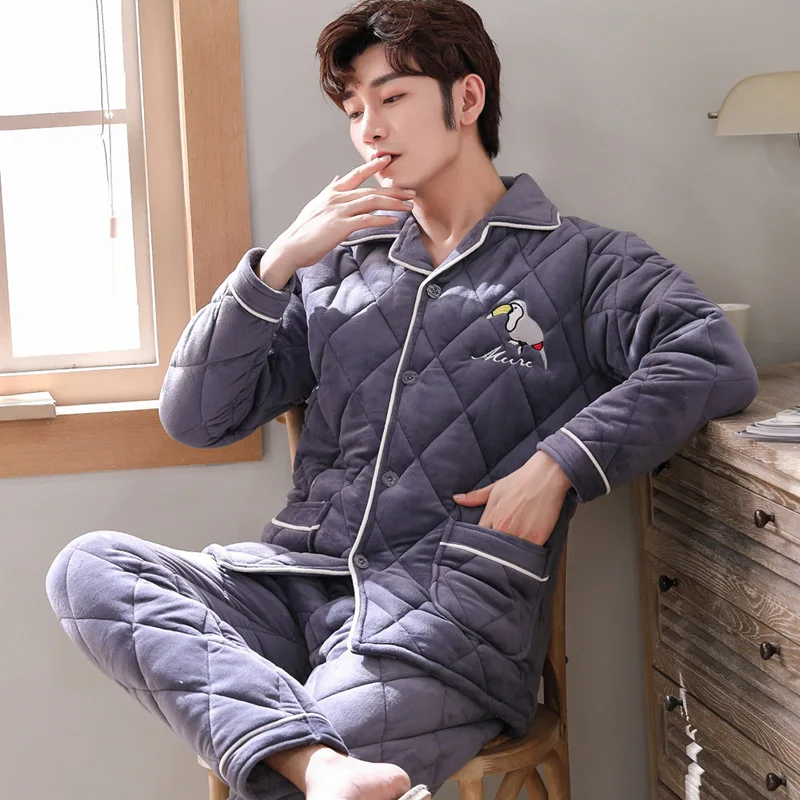 

Men Pajamas Winter Thick plus Velvet Padded Coral Velvet Flannel Winter Style Three Layer Homewear Set 479 Gray