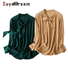 SuyaDream Women Chic Blouse 100% REAL SILK Crepe Long Sleeved Solid Bow Collar Blouse Shirt Office Lady 2020 Fall Shirt