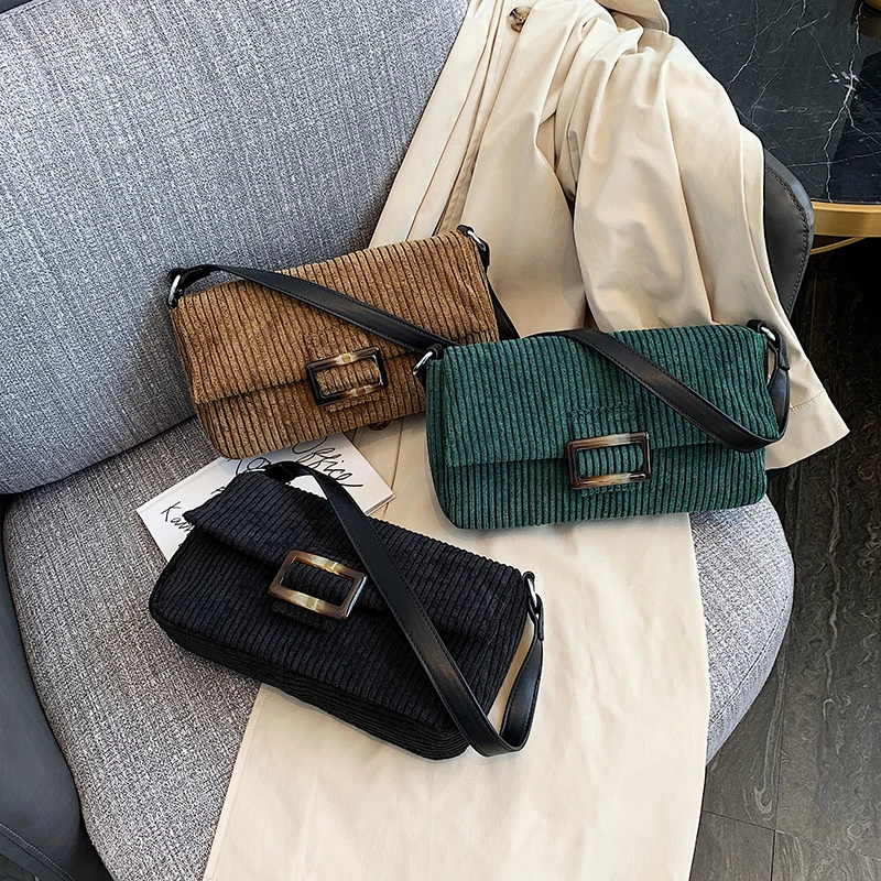 

2019 Retro Baguette Shoulder Bag Women Designer Simple Solid Button Hasp Belt Small tote Handbag Corduroy Female Simple Casual