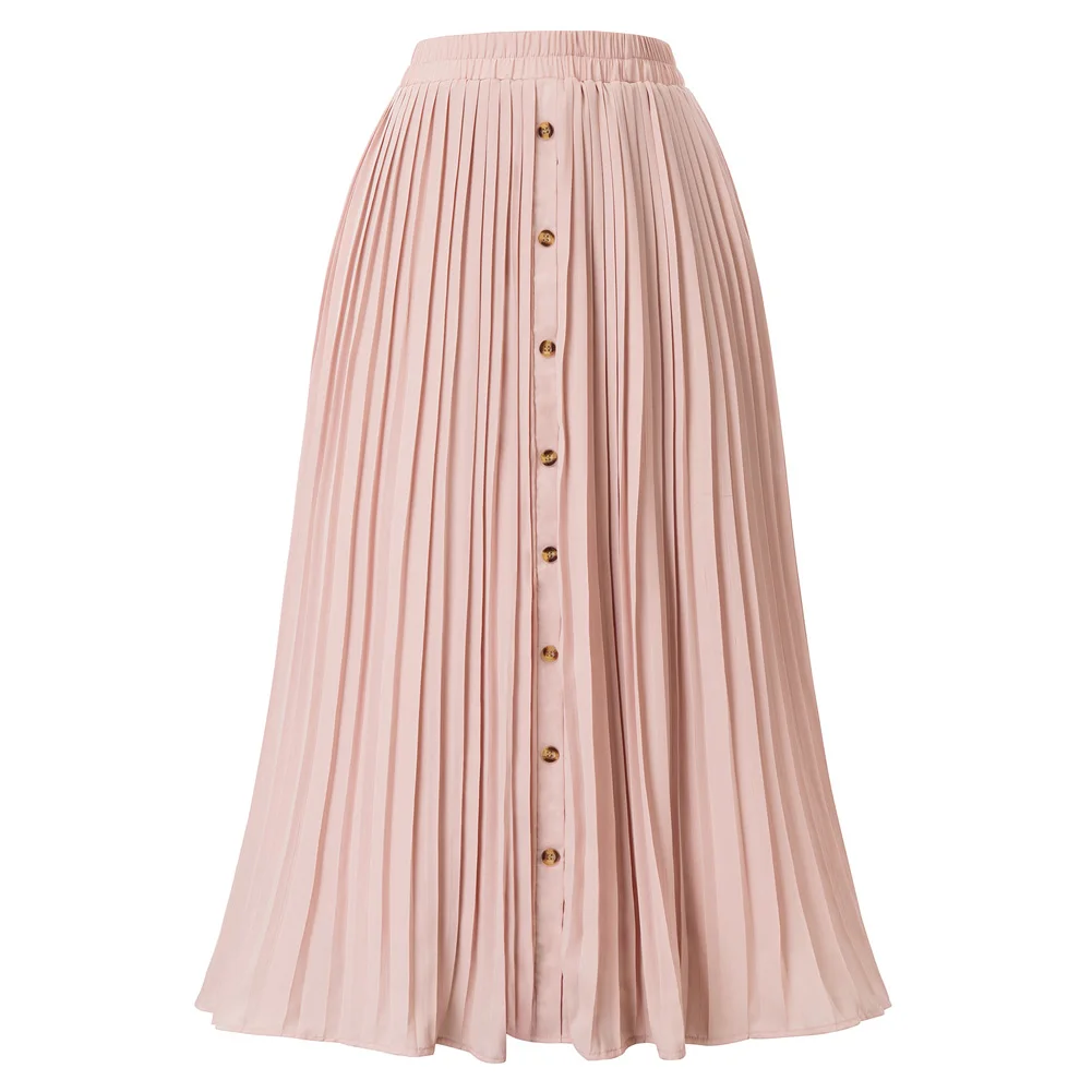 Light Pink Kate Kasin, женская шифоновая плиссированная юбка, эластичная, высокая талия, пуговицы, декорированные, миди, Свинг, юбки, одноцветная, расклешенная, трапециевидная юбка KCS02055 - Цвет: Light Pink