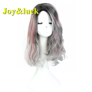 

Joy&luck Fashion Long Natural Curly Wig Ombre Pink Mixed Grey Color Wig Synthetic Cute Wig for Women&Girls