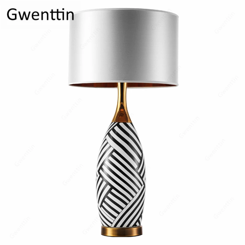 Modern Ceramic Table Lamp Zebra Pattern Standing Desk Light For Living
