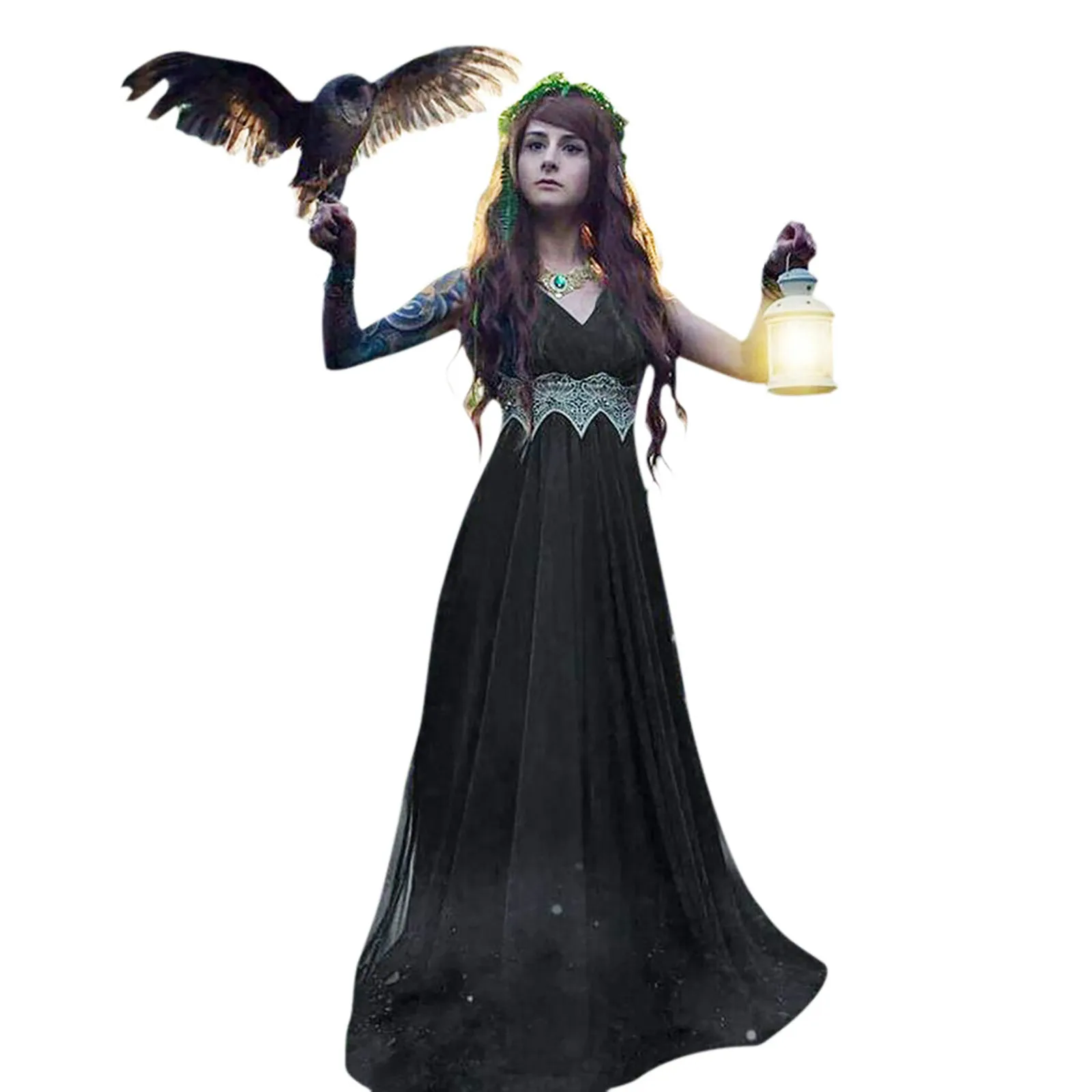 Medieval Renaissance Gothic Lace Patchwork Dress Women Vintage Floor Length Cosplay Retro Long Party Dress Sleeveless Vestidos 1