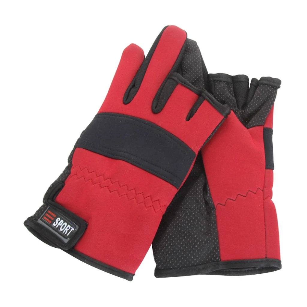 Неопреновые теплые перчатки для рыбалки с 3 вырезами, нескользящие перчатки для ловли нахлыстом, охотничьи перчатки для езды на велосипеде, Зимние перчатки для мужчин и женщин - Цвет: Красный