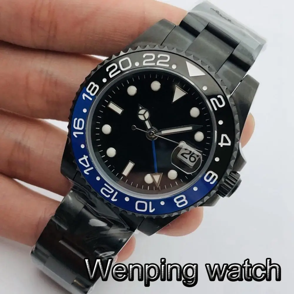 

Bliger 40mm Men's Top Luxury GMT Mechanical Watch Black PVD Case Sapphire Glass Ceramic Bezel Black Sterile Dial Automatic Watch