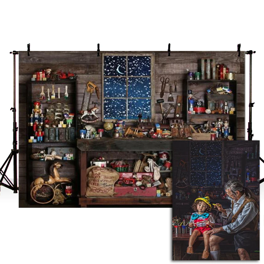 

Mehofond Christmas Backdrop Santa Store Shop Snow Window Wood Table Mechanic Tools Photography Backgrounds for Photo Studio