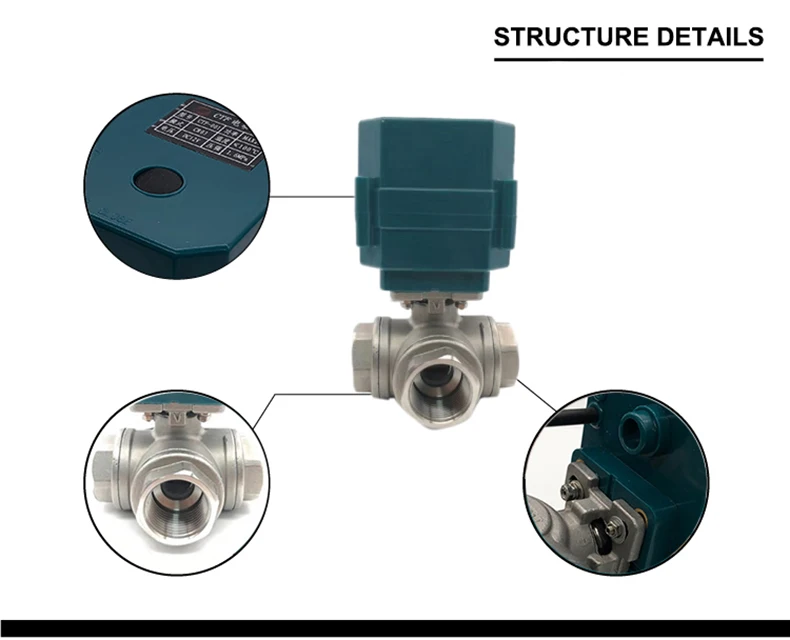Motorisiertes Kugelventil aus Edelstahl, 3-Wege DN15-25, Vollbohrung, großes Drehmoment, 2/3-Draht-Elektroantrieb, AC220V, DC24V, DC12V – Detail 4