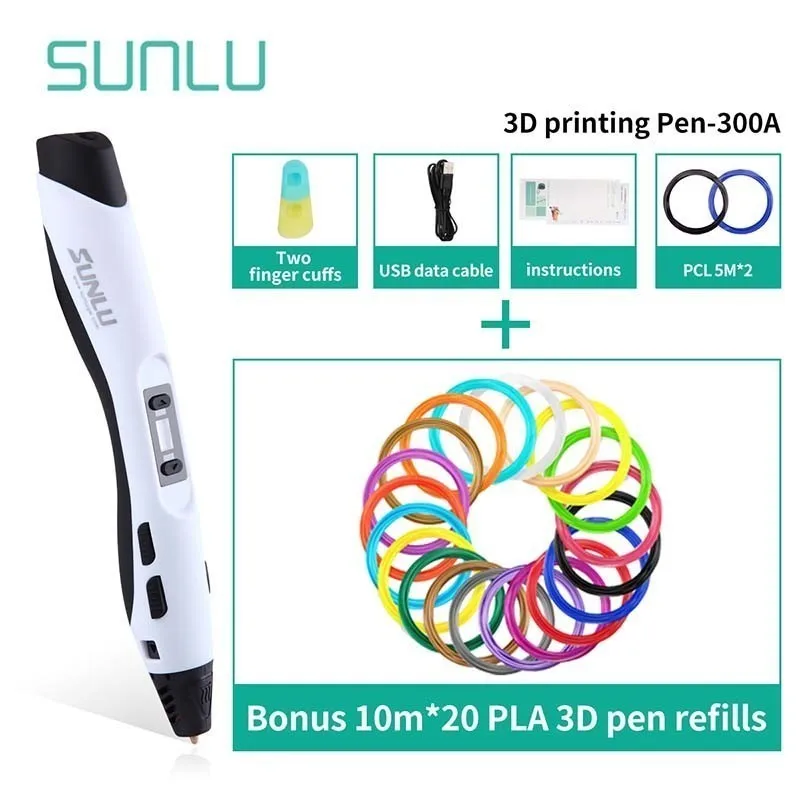 SUNLU SL-300A 3D Ручка черный цвет низкая температура 3D ручки для рисования детей Scribble поддержка PCL/ABS/PLA нити - Цвет: SL-300A-10.20-White