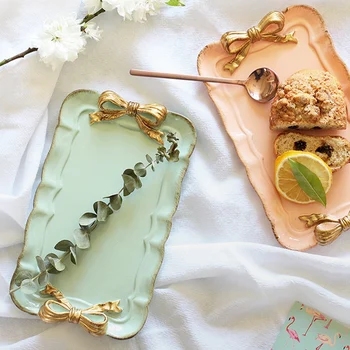 

European Style Bow Cake Storage Trays Makeup Organizer Dessert Plate Square Decor Tray Kitchen Storage Trays 12x20Cm Green