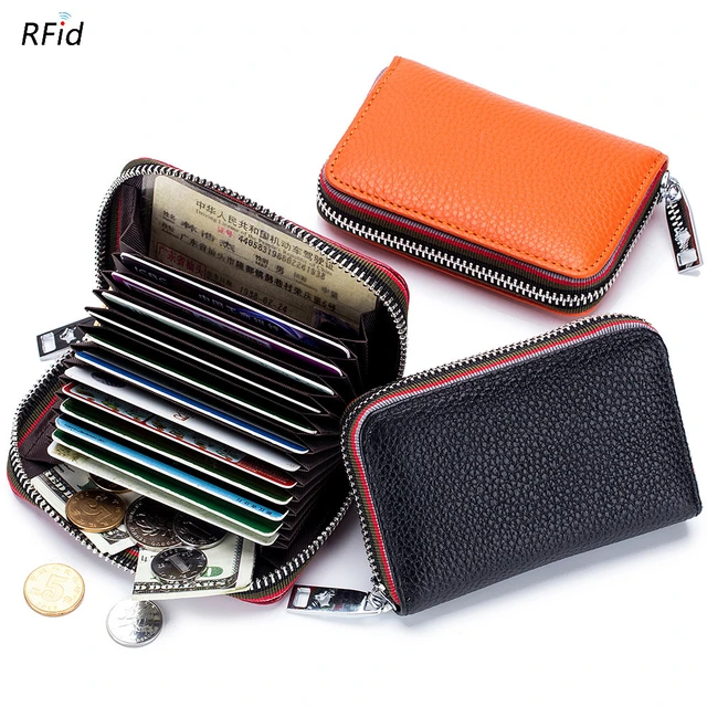 Genuine Leather RFID Accordion Credit Card Holder with Zipper for