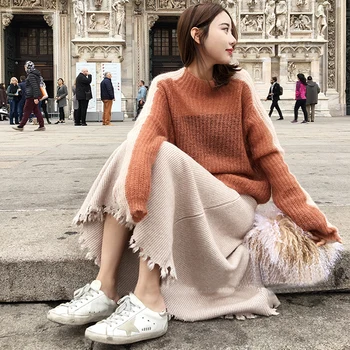 

Vintage Tassel Women Knitted Skirts Autumn Winter Thick Warm Midi Skirt Elastic Band High Waist Tulle Skirt for Women Street