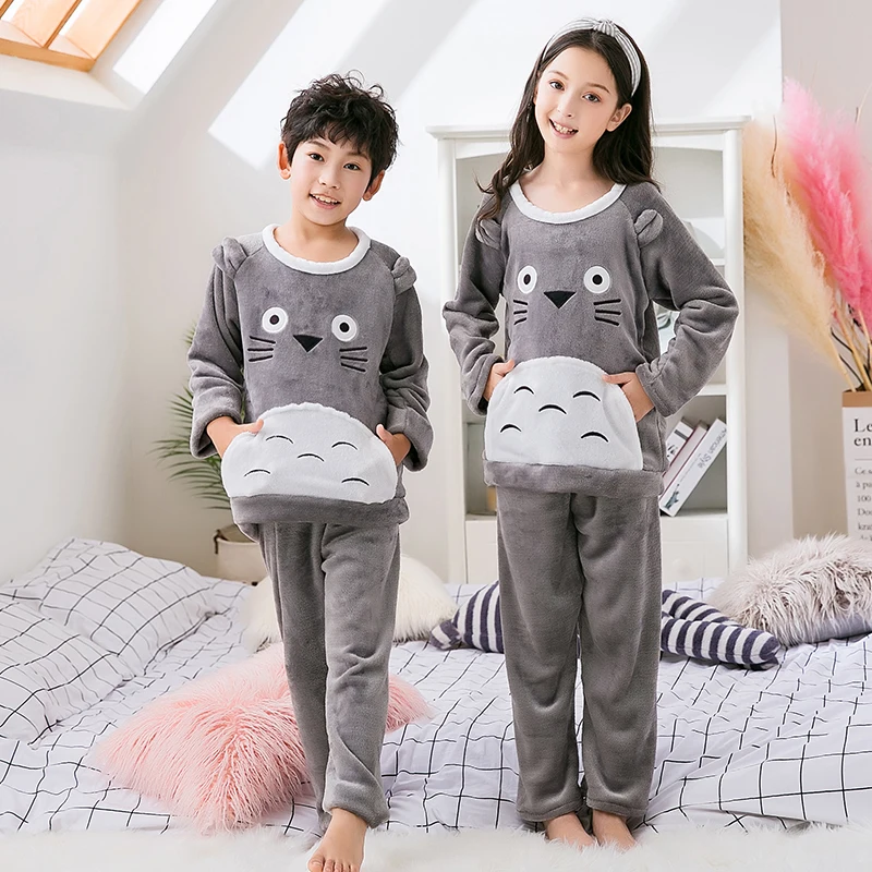 Kids long sleeve warm sleepwear Cartoon boys&girls flannel pajamas set Autumn&winter new children's coral velvet home clothes - Цвет: style  1