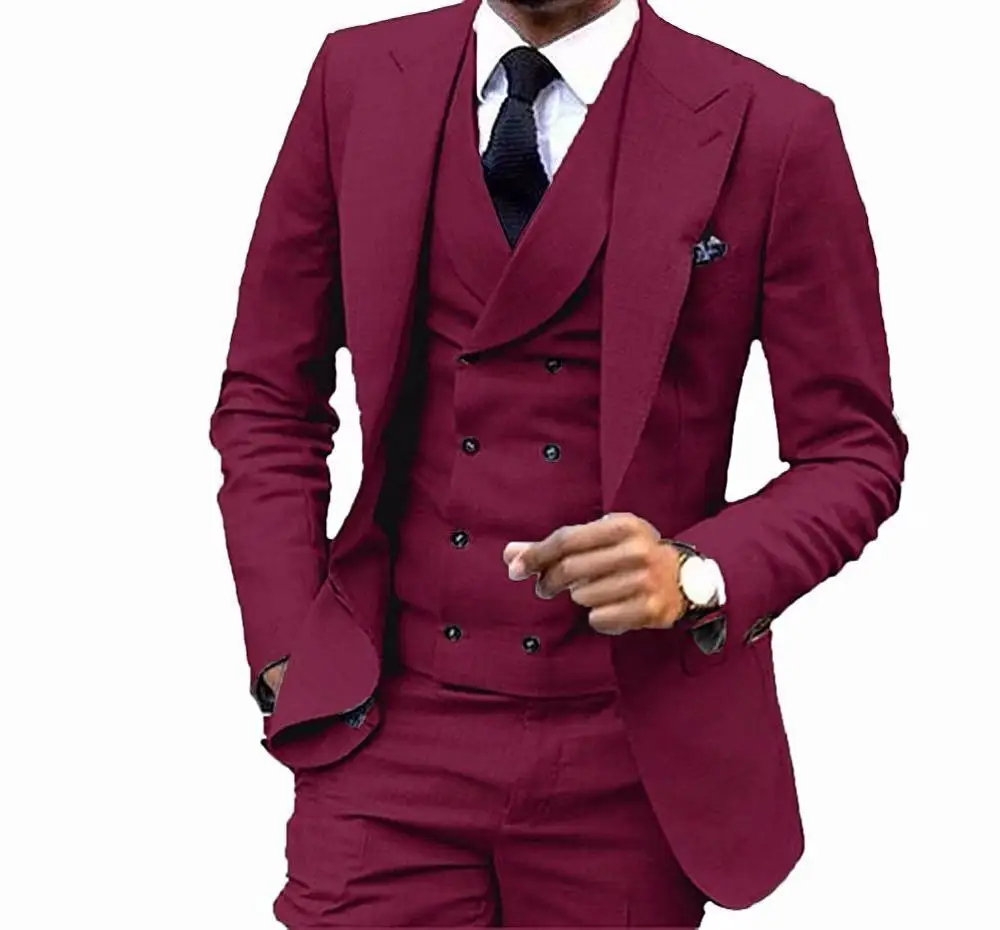 Burgundy Мужской костюм из 3 предметов бордовый двубортный жилет формальный деловой приталенный смокинг для свадьбы блейзер+ жилет+ брюки - Цвет: Burgundy