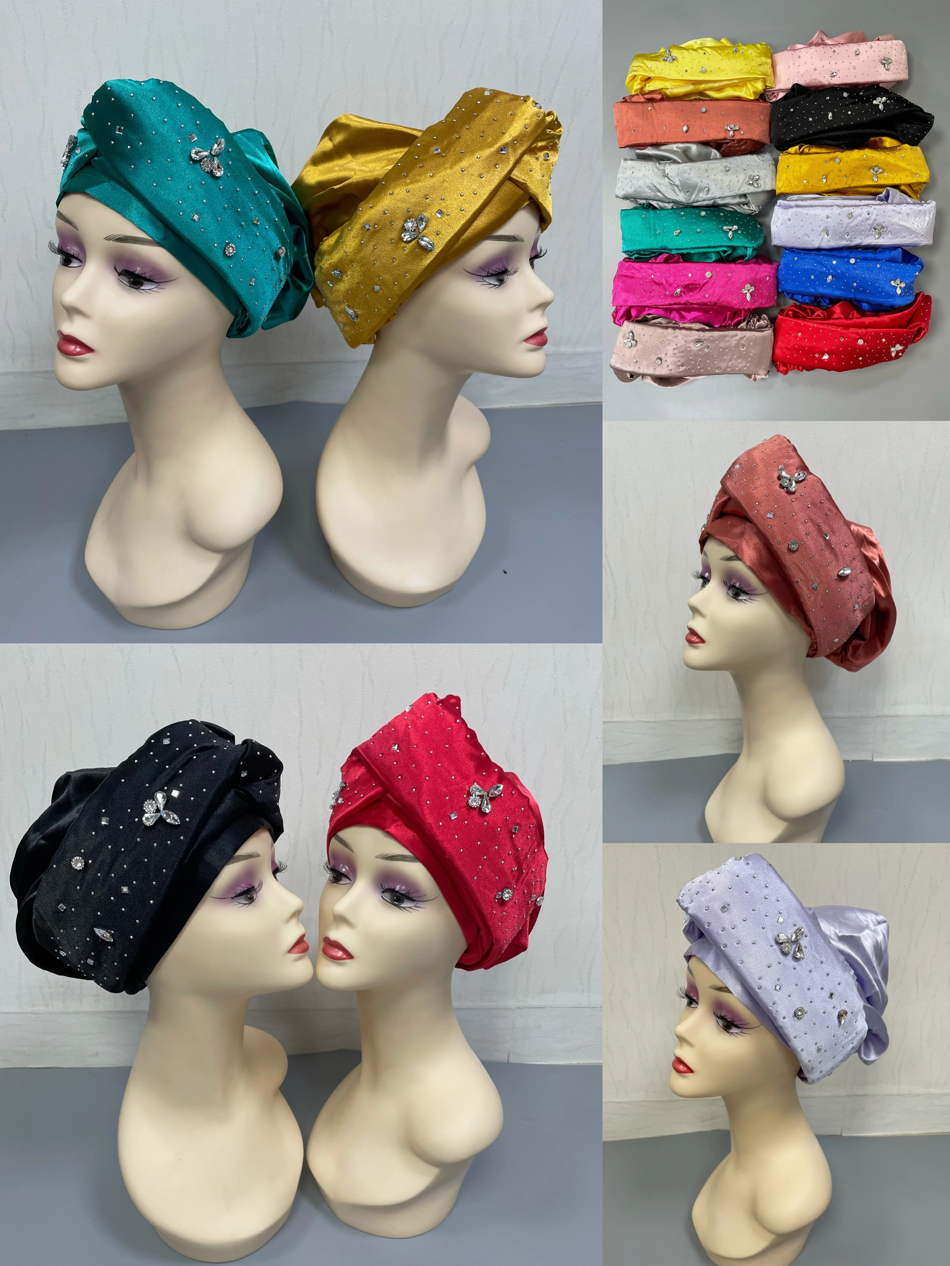 

Newest African Turban Cap Auto Headtie Islamic Hat For Ladies Head Wraps High Quality Silk Muslim Cap Already Made 12pcs/pack