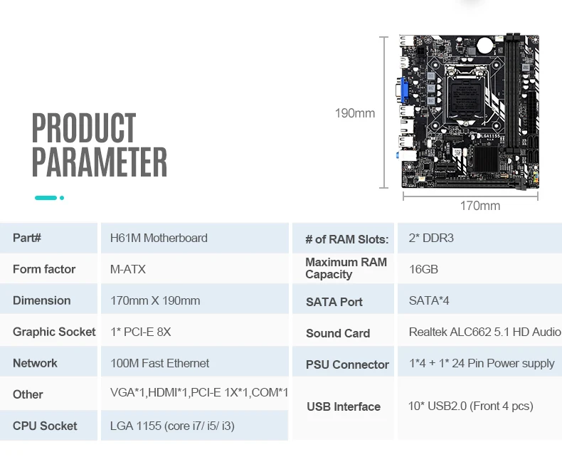 LGA 1155 Motherboard for Intel Core i7 / i5 / i3 / pentium / celeron LGA1155 DDR3 M-ATX Intel Motherboards H61 the best pc motherboard