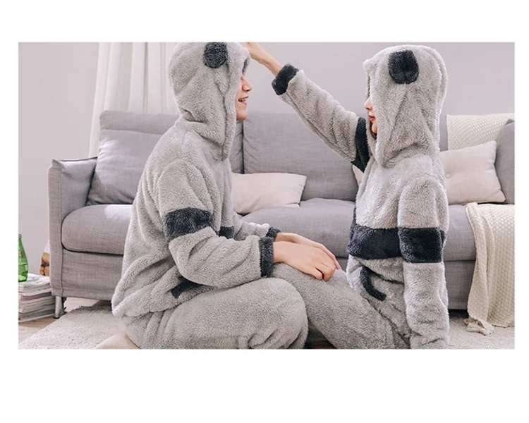 mens pajama pants Couple Cute Cartoon Hooded Thick Warm Flannel Pajama Set for Men Winter Long Sleeve Coral Velvet Sleepwear Pyjama Women Homewear best mens pajamas