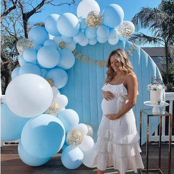 

84pcs Pastel Blue Balloons Garland Blue White Confetti Gold Macaron Organic Balloons Arch Background Decor