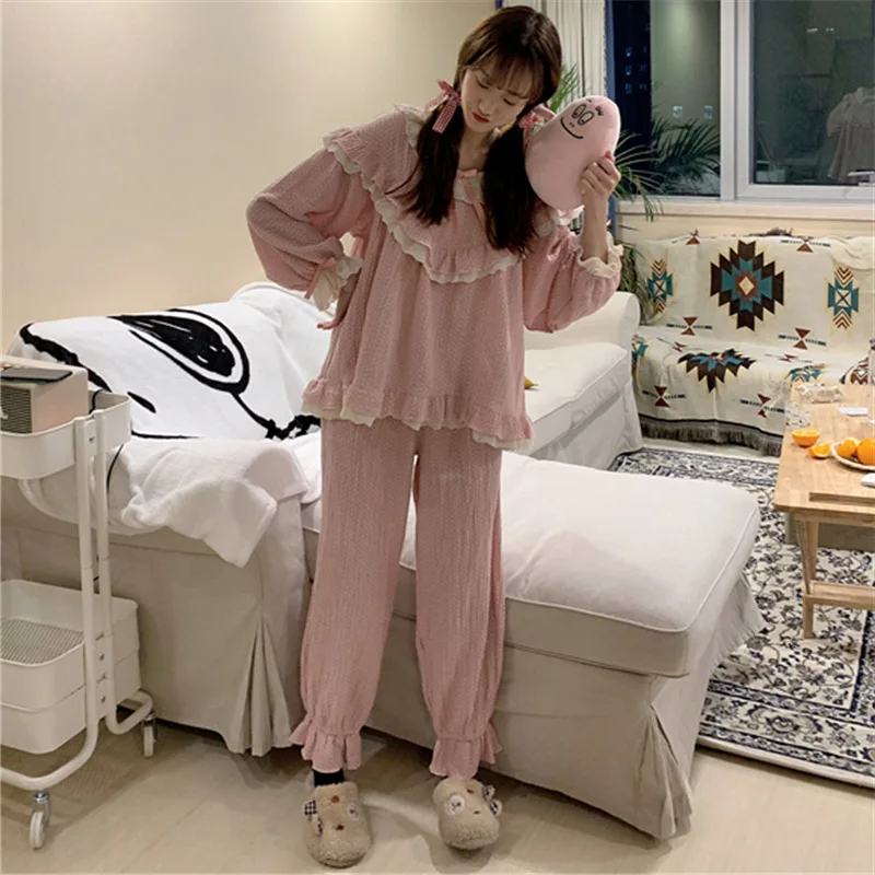 womens Pajama Sets spring autumn female sleepwear suits clothing t shirt+pants long sleeve Polka Dot Loose ladies clothes h62