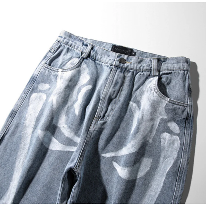 Cheap Blue Black Hip Hop Print Jeans Men Streetwear High Street Denim Pants Mens Retro Ripped Jeans for Men Trousers