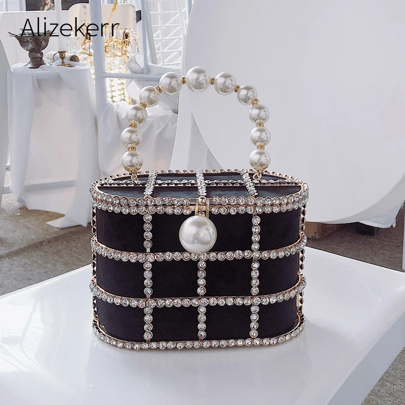 Diamonds Basket Evening Clutch Bags Women Luxury Hollow Out Preal Beaded Metallic Cage Handbags Ladies Wedding Party Purse
