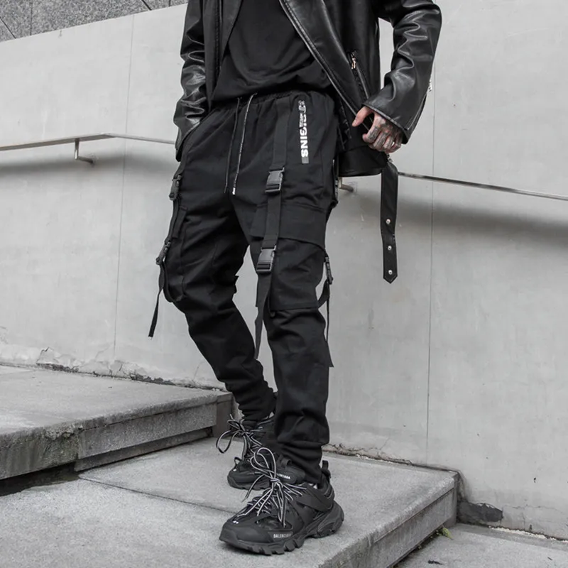 black Мужские хип хоп ленты темно хип хоп панк swag походные Мужские штаны модные с буквенным принтом уличная черные беговые брюки в повседневном стиле брюки - Цвет: black