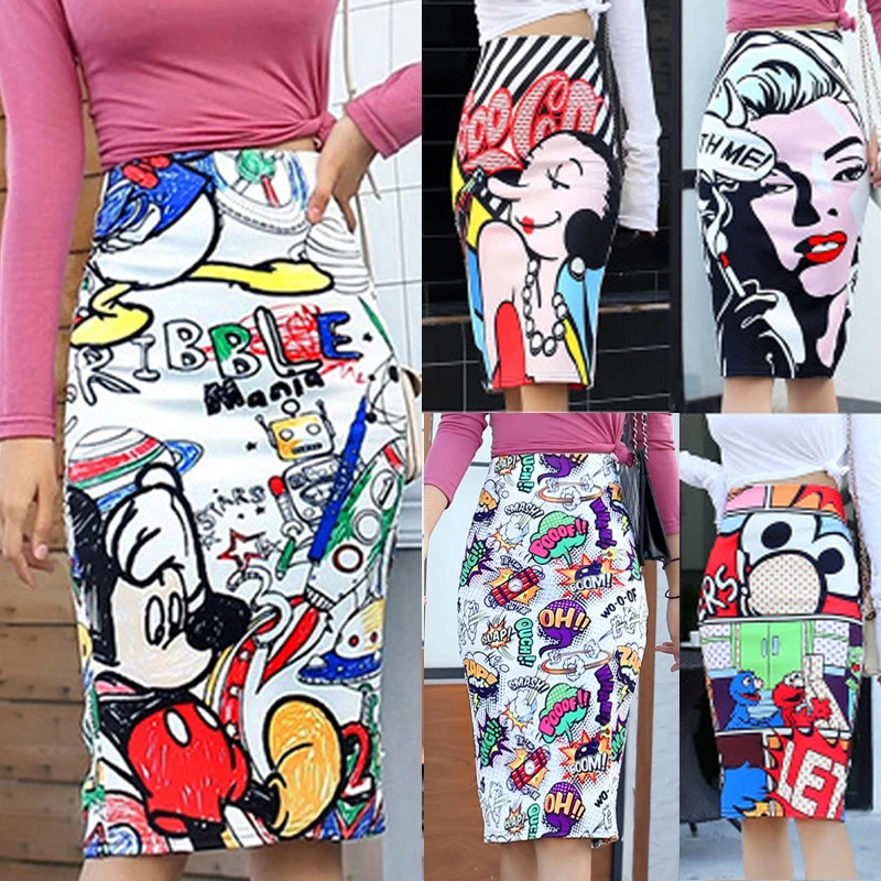 

Bonjean Women's Pencil Skirt Mickey New Cartoon Mouse Print High Waist Slim Skirts Women Young Girl Summer Female Falda