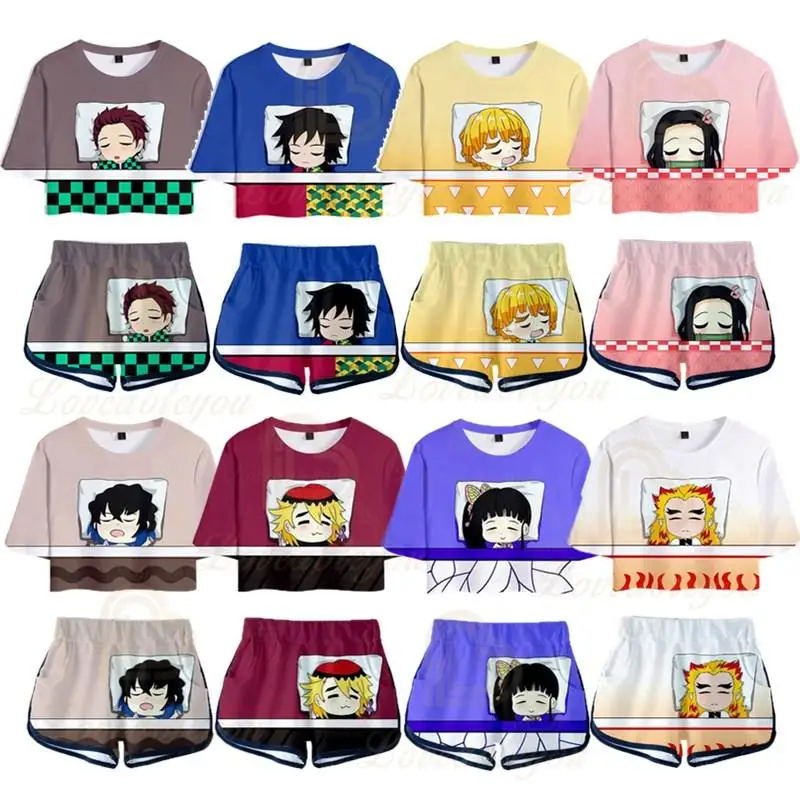 

2020 Summer Cropped T-shirt Shorts Set Female Cartoon Demon Slayer 3D Print Short-sleeved Cropped Two-Piece Set Female