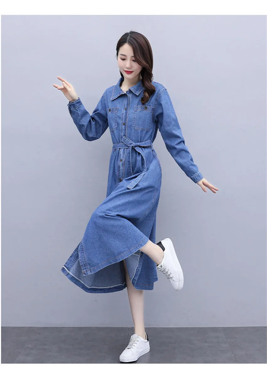 אביב סתיו ארוך שרוול מזדמן ג 'ינס שמלת נשים כיסי כפתור בתוספת גודל ג' ינס שמלה גבוהה רחוב אופנה ארוך שמלות Robe