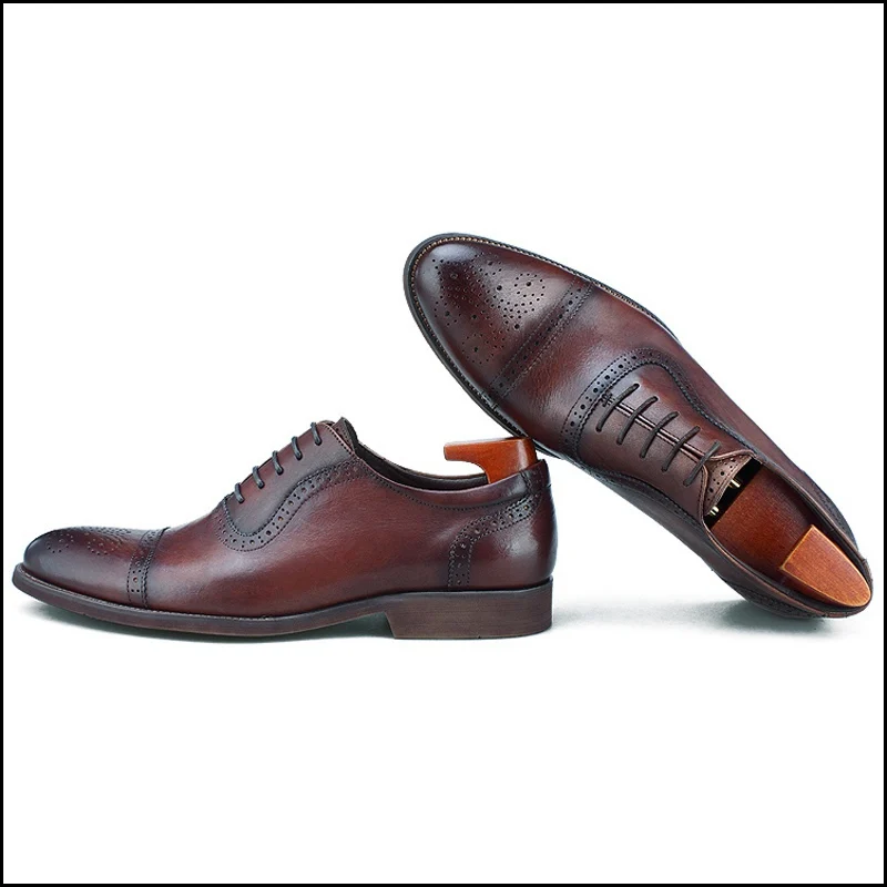 Vintage Man Cap Toe Semi Brogue Shoes Genuine Leather Formal Office Party Oxfords Round Toe Laces Men's Wedding Flats BGQ236