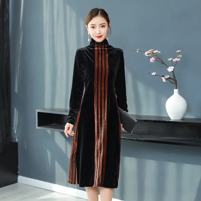

Velvet Dress Women's Ozhouzhan Autumn New Style Fashion Elegant Long Sleeve High Collar Vertical Striped Medium-length Dress