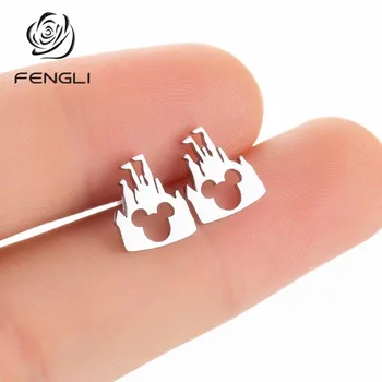 

FENGLI Lovely Mickey Stud Earrings for Women Stainless Steel Cute Female Jewelry Friendship Party Gifts pendientes