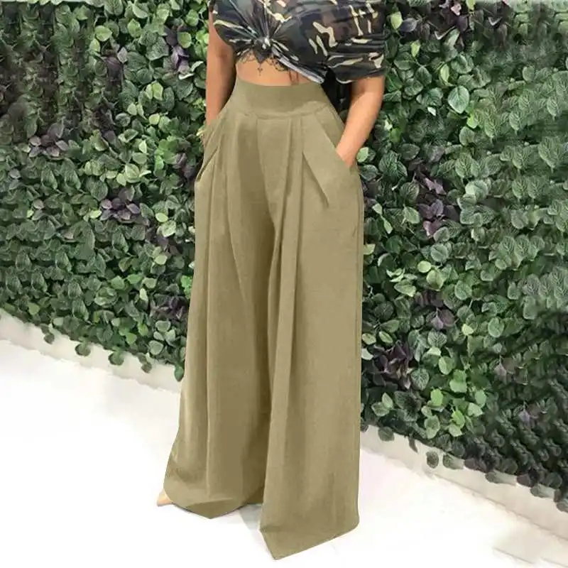 Celmia 5XL Women Fashion Office Wide Leg Pant Elastic Waist Long Pants Loose Casual Vintage Pleated Trousers Pantalon Femininas