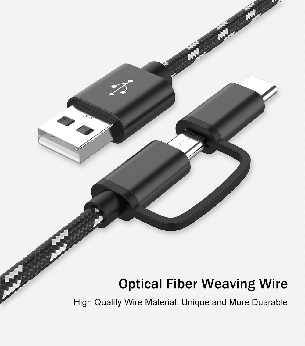 2 в 1 USB кабель Micro usb type C кабели 2A быстрое зарядное устройство для планшета, телефона, зарядный шнур 2в1 нейлоновая оплетка, провода для зарядки Android