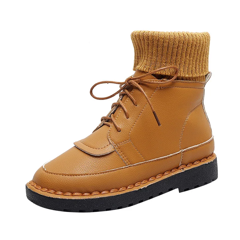 

2019 Autumn And Winter New Style Tube Knitted Joint Waterproof Platform Lace-up Fashion Women's Boots Low Heel plus Velvet Luo M