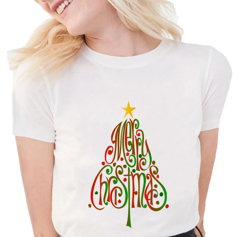 Merry Christmas t shirts women Kawaii graphic tees Soft Cotton white Tops happy New Year female T shirt