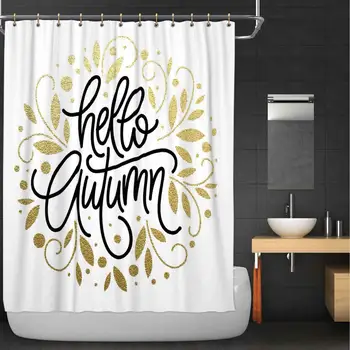 

Autumn Hand Drawn Vector Typography with line Leaf Pattern in Golden Glitter Color 100% Polyester, Waterproof Shower