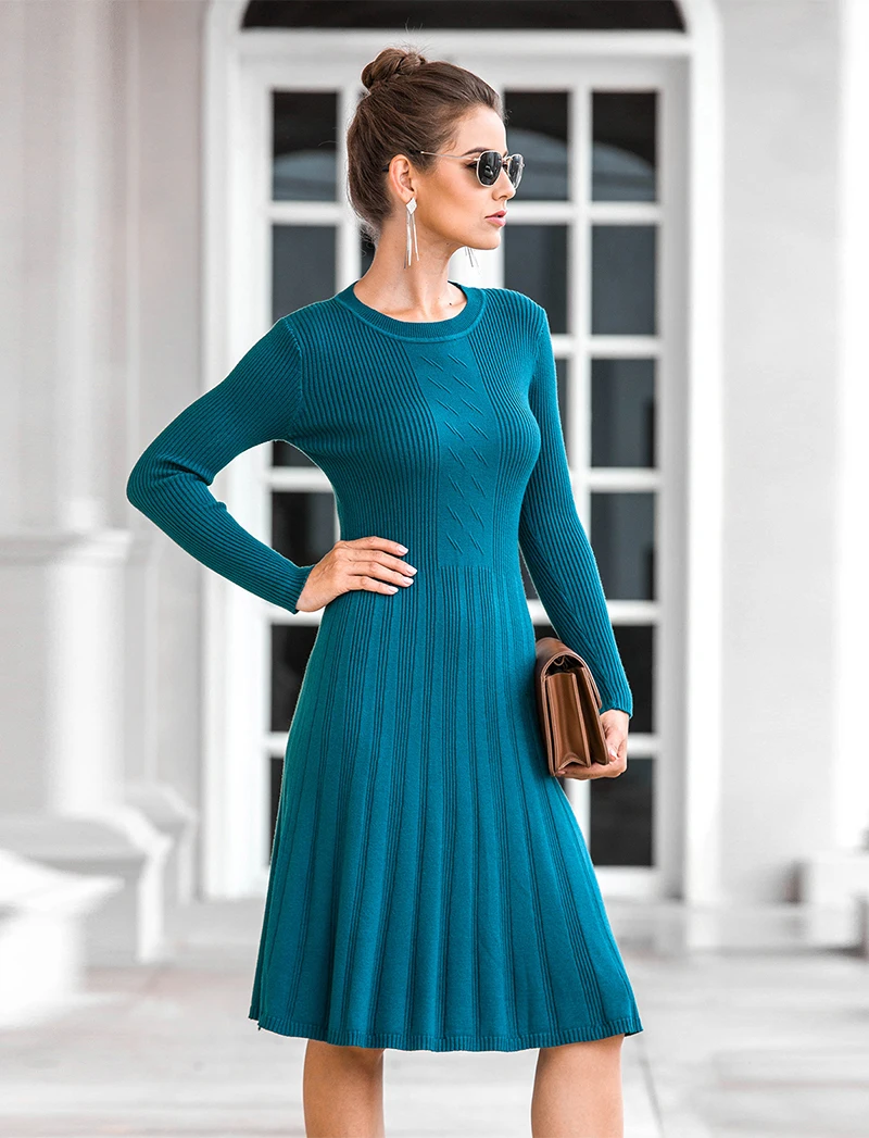 Повседневное трикотажное женское платье Осень Зима с длинным рукавом облегающее миди платье женское Плиссированное Платье-Свитер Синий Черный Коричневый