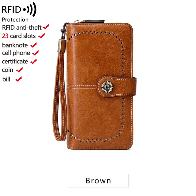 High Quality Women Wallet RFID Anti-theft Leather Wallets For Woman Long Zipper Large Ladies Clutch Bag Female Purse Card Holder w005-brown