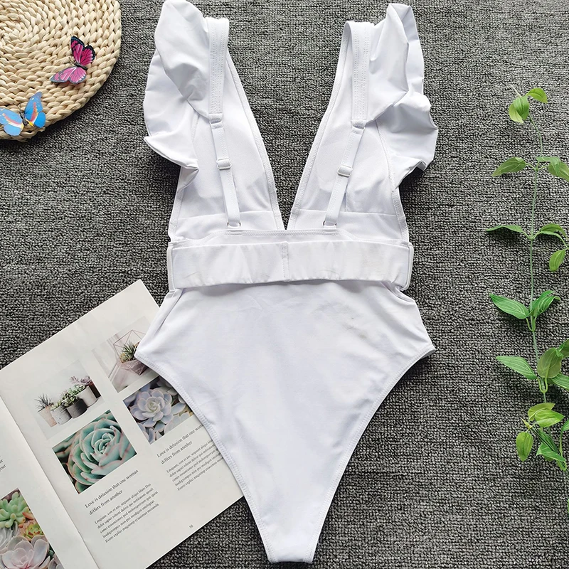 One Piece Swimsuit 2020 Sexy Deep V Swimwear Women Ruffle Swimsuit White Bathing Suits Summer Beach Wear Monokini Swimming Suit