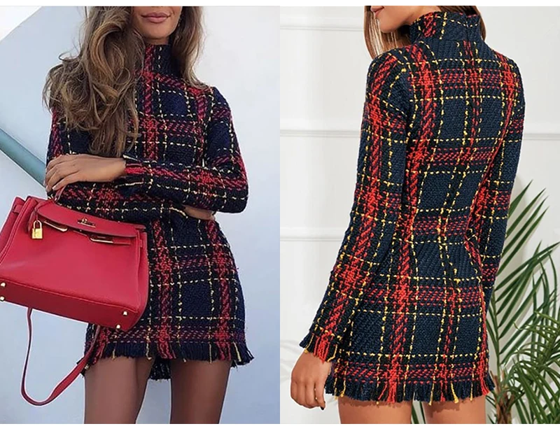 Lossky Sweater Dress Women Autumn Winter Plaid Long Sleeve Short Mini Ladies Thick Warm Clothes Dresses Vestido Elegant