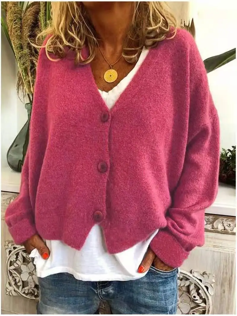 Хит, женский свитер для отдыха, Свободный вязаный кардиган, чистый цвет, свитер, Рождественский женский свитер, подарок - Цвет: Rosy