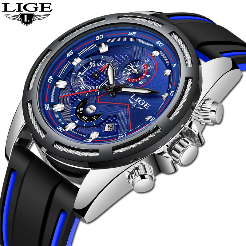 LIGE Mens Watches Silicone Strap Top Brand Luxury Waterproof Sport ...