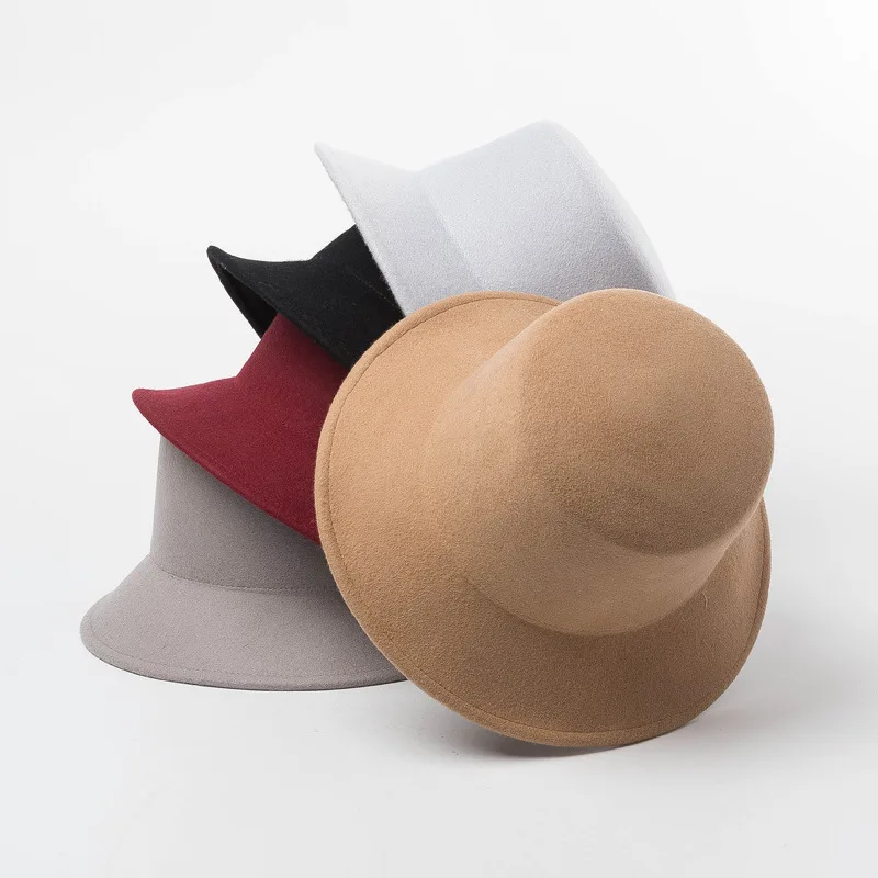 

King Wheat Autumn Winter New Wide Brim Wool Flat Women Fedora Stage Show Felt Cap Fashion Outdoor Keep Warm Lady Top Bucket Hats