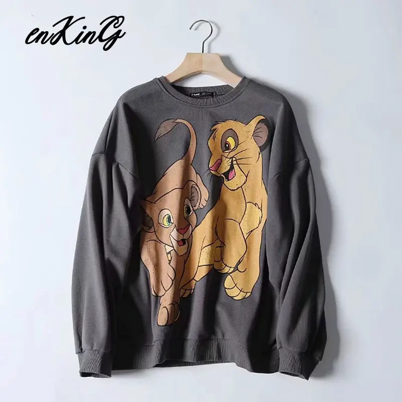 TWO LION Black Pink Cartoon Lion King Print Women Hoodie Long Sleeve O Neck Ladies Za Sweatshirt Casual Womens Hoodies Pullover - Цвет: TWO LION