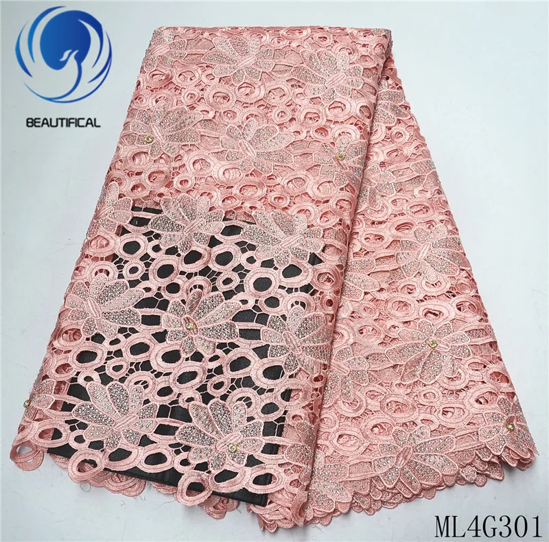 

BEAUTIFICAL african lace fabrics New arrival embroidery chemical lace fabric 5yards water soluble lace with stones ML4G301