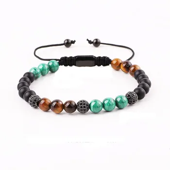 New Design High Quality Natural Real Malachite Stone CZ Pave Ball Braided Friendship Macrame Bracelet Men