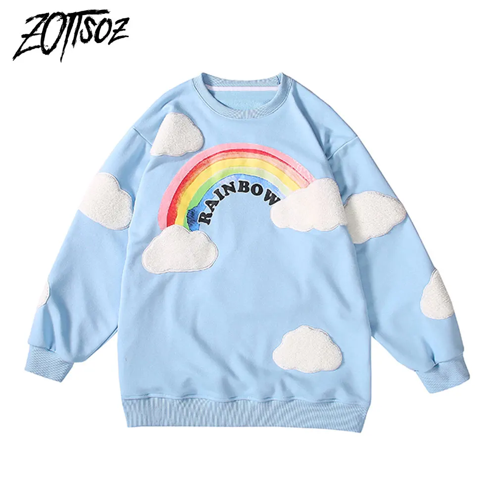 

Kawaii Hoodies Streetwear Harajuku Rainbow Print Embroidery Clouds Patch Sweatshirts Men Women Hip Hop Fashion Casual Japan Tops
